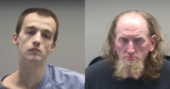 Two mugshots side by side: the left features a man with short hair wearing a light blue prison uniform, and the right shows a man with long hair and a beard in a dark top, both against a plain background.