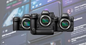 Three Nikon cameras are displayed against a blurred background of a digital interface with various icons and text boxes. The cameras vary in size, each showing a front view with their lenses removed.