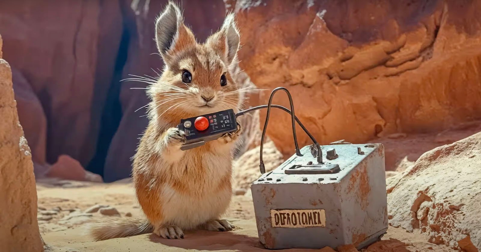 A small, animated rodent with big, expressive eyes holds a remote with a red button. The animal stands next to a metal box labeled "Detonator" in a desert-like environment surrounded by rocky terrain. Its demeanor suggests curiosity and mischief.