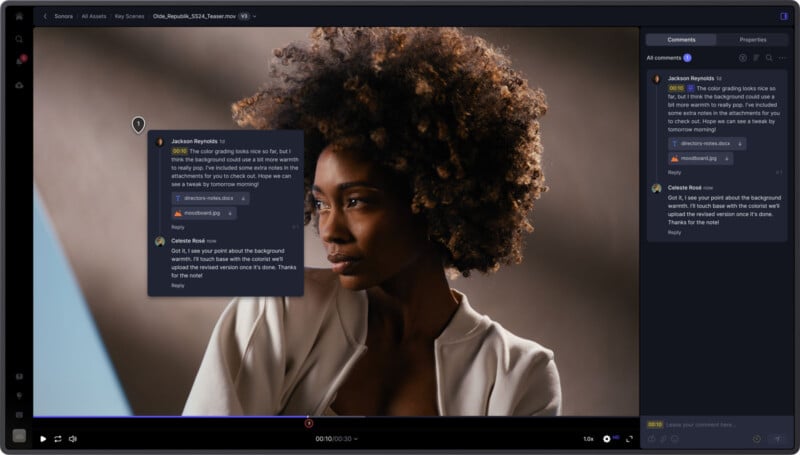 A person with curly hair wearing a white top is looking thoughtfully to the side. There's a discussion about background color on a screen, displayed in a side panel.