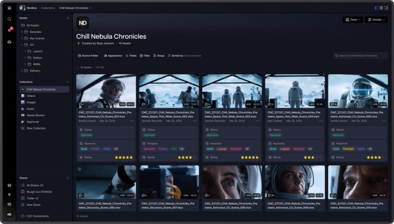 A digital platform interface showcasing a collection of sci-fi themed video clips titled "Chill Nebula Chronicles." Thumbnails of scenes with space-suited characters are displayed, accompanied by metadata like status, keywords, and ratings beneath each clip.