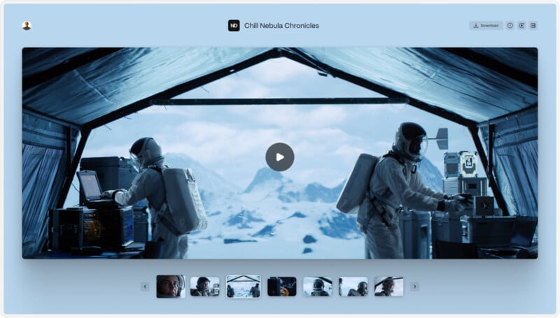 Two astronauts in a tent-like structure with electronic equipment, set against a snowy mountain backdrop. One works on a laptop, while the other handles instruments. Various thumbnail images are shown below the main video player.