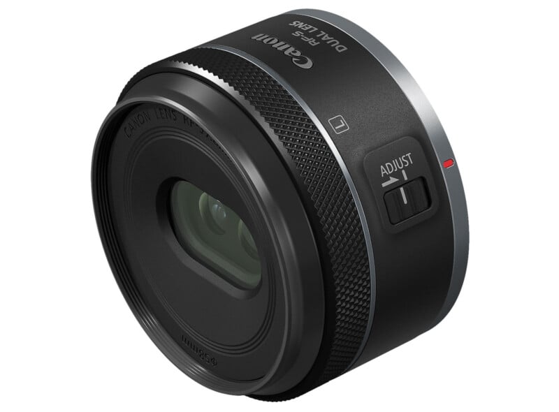 A dual fisheye lens featuring a sleek, compact design in black and gray. The lens includes a knob labeled "Adjust" and a small red indicator. Its brand name is visible on the side.