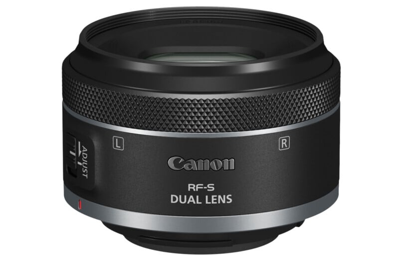 A Canon RF-S dual lens with a black body and silver accent. The lens features adjustment switches labeled "L" and "R," and has the brand name "Canon" prominently displayed.