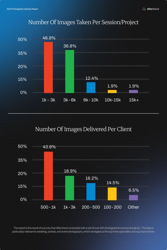  1-100 (43.9%). Survey of 500 photographers, highlighting session, portrait, and event photography.