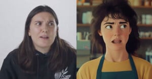 A woman wearing a black hoodie is on the left, looking perplexed. On the right, an animated character with similar expression, wearing a green apron, appears surprised.