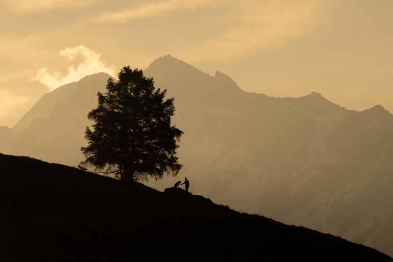 Silhouetted couple kneeling on a hilltop beside a large tree, set against a backdrop of towering mountains under a warm, golden sky.