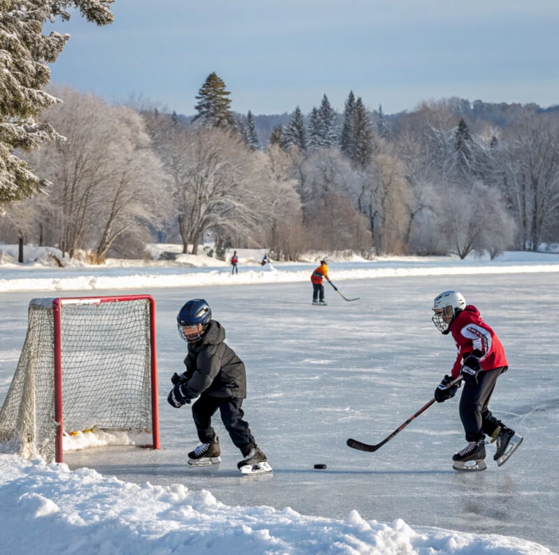 Two children play hockey on a frozen pond, wearing helmets and skates. One is ready to shoot a puck towards the net, while the other guards it. Snow-covered trees and a few distant skaters are in the background, capturing a winter scene.