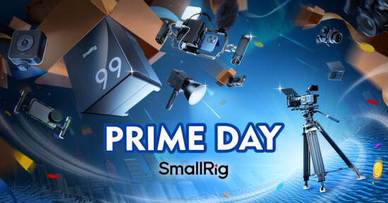 Image of a "Prime Day" promotion by SmallRig, featuring a variety of filmmaking equipment like cameras, microphones, and lighting gear floating around a large "99" block, set against a dynamic blue background with abstract light streaks.