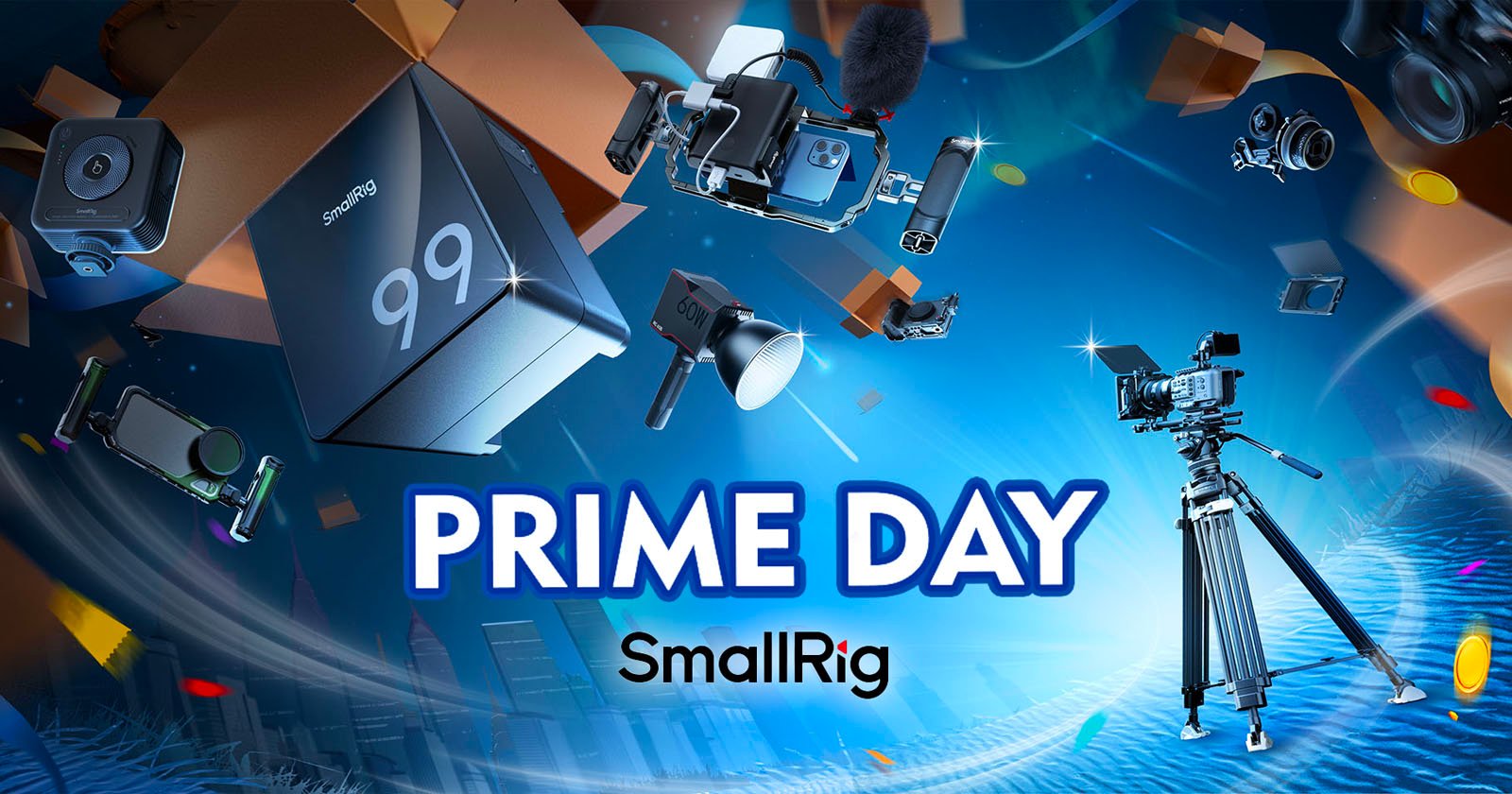 Image of a "Prime Day" promotion by SmallRig, featuring a variety of filmmaking equipment like cameras, microphones, and lighting gear floating around a large "99" block, set against a dynamic blue background with abstract light streaks.