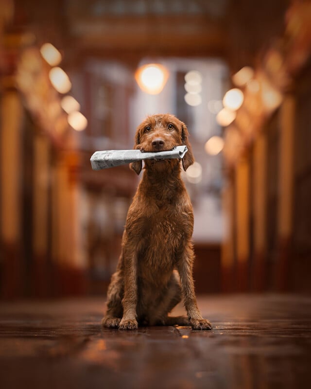 A wet dog sits in a dimly lit alley, holding a newspaper in its mouth. The background is softly blurred, highlighting the dog as the focal point.