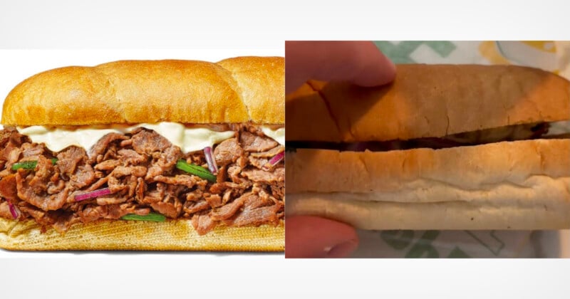 Comparison of two sandwiches: the left half shows a sandwich with a generous amount of beef, onions, and sauce in a sub roll; the right half shows a similar sub roll with sparse filling, appearing less appetizing.