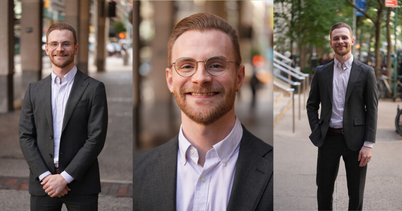 A man in a suit with glasses is smiling in three different outdoor settings. The three images show him from different angles: left with arms crossed, center close-up, and right full body. The background is an urban street scene with trees.