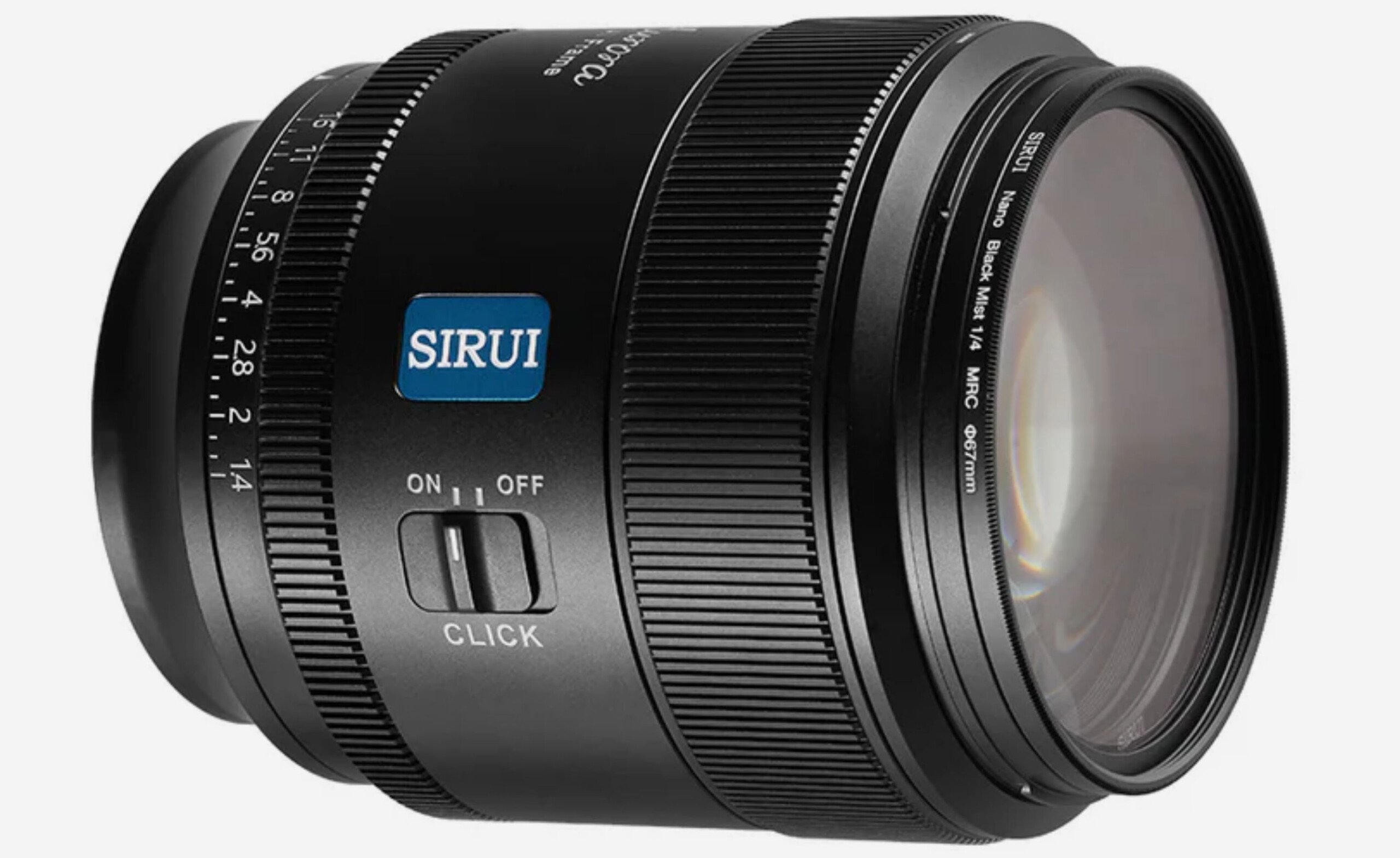 Close-up of a black Sirui camera lens with a clickable focus adjustment switch and visible aperture markings from f/1.4 to f/16. The lens has a sleek design with a transparent front glass element.