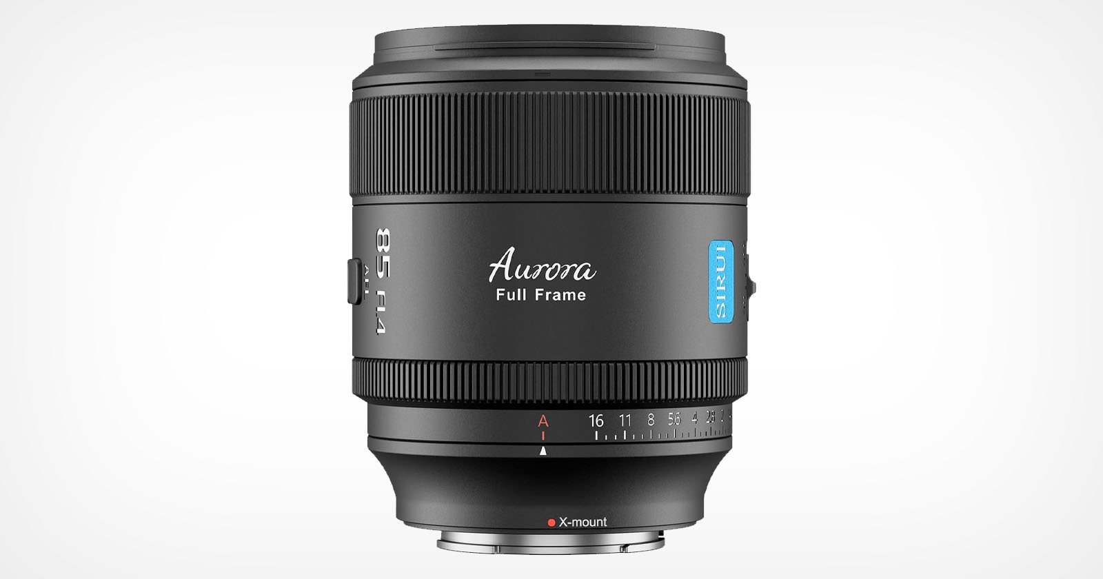 A black Aurora full-frame camera lens with blue accented detailing is shown against a white background. The aperture range is marked on the lens, and it features a silver mount at the base.