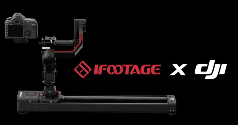 A camera is mounted on a motorized slider and gimbal system. The logos for “iFootage” and “DJI” are displayed prominently. The setup is on a black background, highlighting advanced video stabilization and motion control equipment.