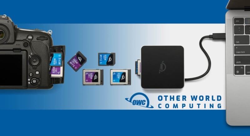 A camera connected to a laptop through an OWC card reader. SD and CompactFlash cards are shown between the camera and card reader, with the OWC logo and "Other World Computing" in the background.