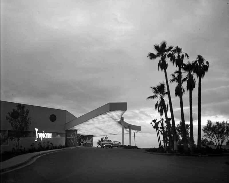 A black and white photo of a mid-century modern building with a prominent overhang and the word "Tropicana" illuminated on the side. Palm trees line the right side, and classic cars are parked under the canopy against a cloudy sky.