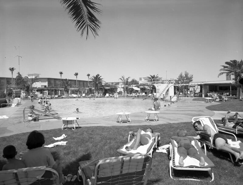 Black and white photo of a mid-century outdoor pool scene with people sunbathing on lounge chairs, children swimming, and palm trees in the background. The setting has a vintage, relaxed atmosphere.