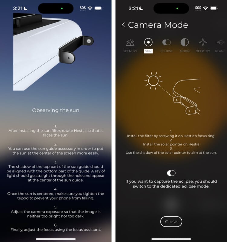 A split-screen image shows two smartphone app interfaces. The left screen teaches how to observe the sun using a guide and alignment tools. The right screen details camera modes for different celestial events, including the sun, eclipse, moon, and sky.