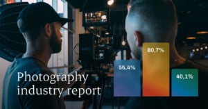 Two people operate a professional camera setup indoors. Overlayed text reads "Photography industry report." A bar graph with percentages 55.4%, 80.7%, and 40.1% is displayed.