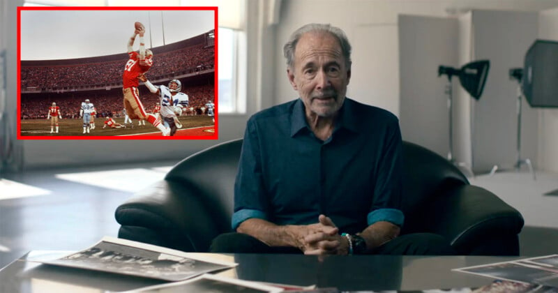 An older man sits on a black couch, surrounded by photographs. Inset: a football player leaps to catch a pass in a crowded stadium.