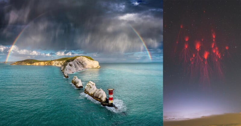 A composite image featuring The Needles, a row of chalk stacks in the sea with a red and white lighthouse under a rainbow on the left, and a dark sky with red sprite lightning on the right.