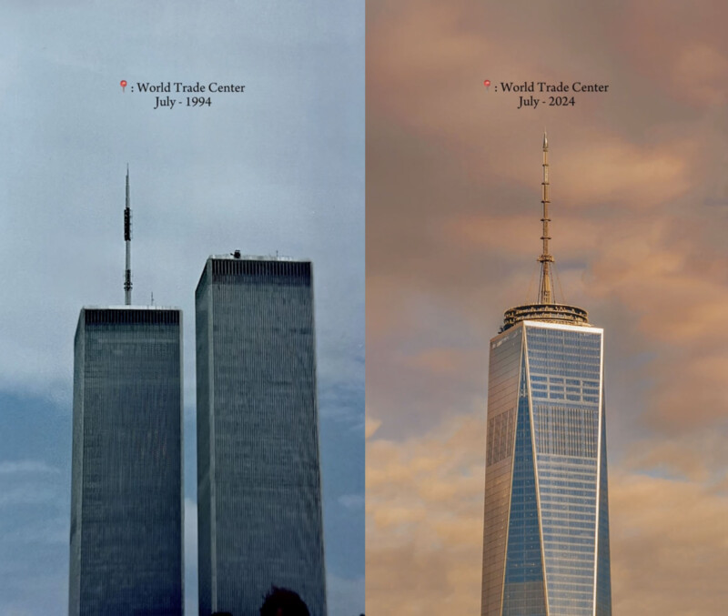 Side-by-side images show the World Trade Center in July 1994 with the Twin Towers on the left, and the One World Trade Center in July 2024 on the right against a partly cloudy sky.