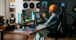 A person wearing a yellow beanie and plaid shirt is digitally drawing on a tablet at a desk. The setup includes dual monitors, figurines, and wall art. The room has a modern and creative vibe with natural light coming from a window.