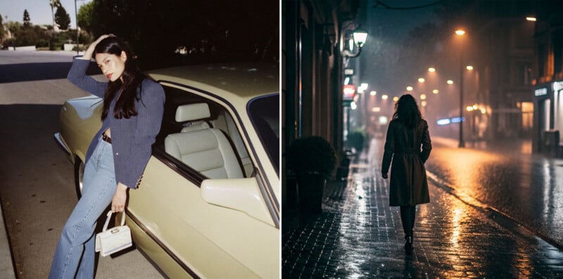  A woman walking alone on a dimly lit, rain-soaked street at night, wearing a coat and boots.