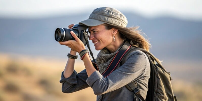 A woman wearing a cap and scarf is outdoors, smiling while taking a photo with a digital camera. She has a backpack on and is standing in a natural landscape with blurred hills in the background.