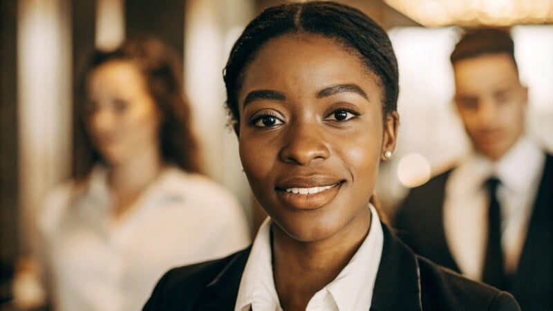 A confident woman in a business suit stands in focus, smiling, with two blurred colleagues in the background, all in professional attire, in an office setting with warm lighting.