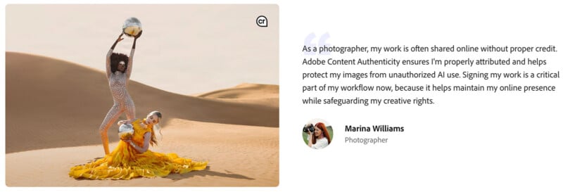 A figure in flowing orange and yellow attire dances in a desert with another figure holding a large silver ball. A quote by a photographer is displayed next to it, emphasizing the importance of content authenticity.