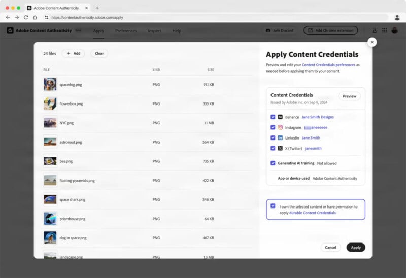 A computer screen displays the Adobe Content Authenticity application. The left side shows a list of image files with names and sizes. The right panel is titled "Apply Content Credentials" showing content details and social media credentials for verification.