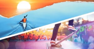 The image is divided into two parts. The top section shows a person kayaking on a calm ocean with a large sun setting or rising in the background. The bottom section captures a skateboarder mid-action against a vibrant wall of graffiti art.