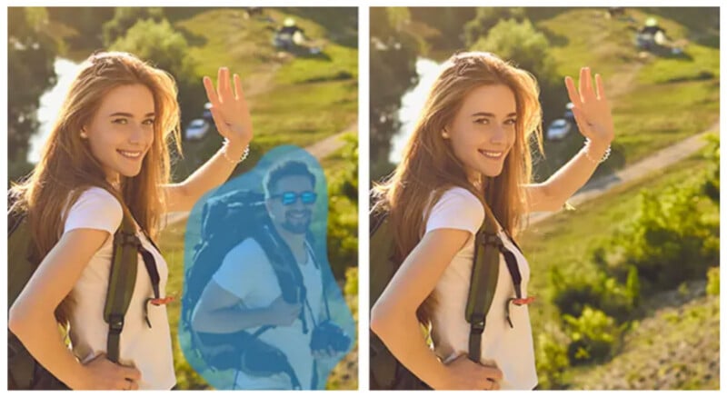 Smiling woman with long hair and bag waving at camera. In the picture on the left, a man in a blue suit, wearing sunglasses and a bag, is standing beside her. In the right picture, the man is absent, leaving the woman alone in the green, beautiful landscape.