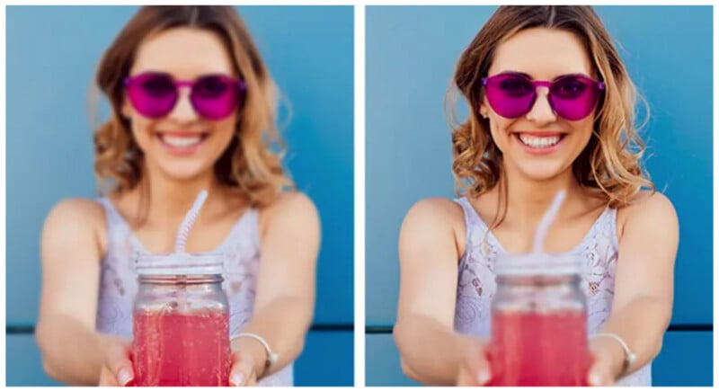 Two side portraits show a smiling woman with curly hair and pink glasses, holding an eye jar with a pink drink and a straw pointing at the camera. She wears a bright lace top and stands in front of the blue.