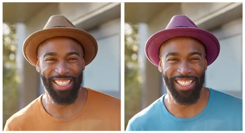 Two side-by-side photos of the same smiling man wearing different outfits. On the left, he wears a tan hat and an orange shirt. On the right, he sports a pink hat and a blue shirt. Both photos are set against an outdoor background with blurred greenery.