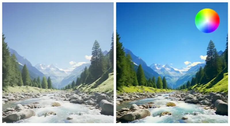 Side-by-side pictures of a hilly area with a river, showing the comparison. Picture on the left: silent colors and the sky. Right image: vivid colors and clear blue sky, multi-colored circle symbol in upper right corner.