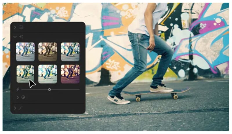 A man skateboards in the street in front of a beautiful graffiti wall. The man wears a white t-shirt and jeans. The image editing software screen appears on the left, showing various filter options to edit the image.