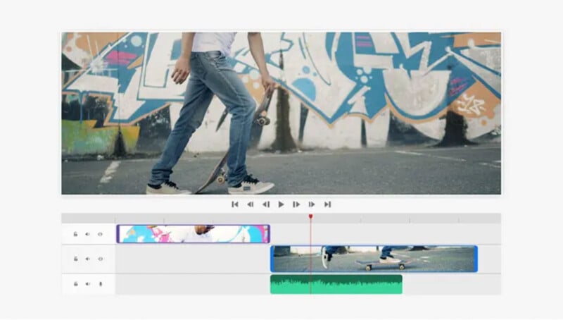 A screenshot of a video editing interface showing a person in jeans holding a skateboard walking in front of a graffiti-covered wall. The timeline below shows video and audio tracks with clips and segments being edited. Play controls are displayed above the timeline.