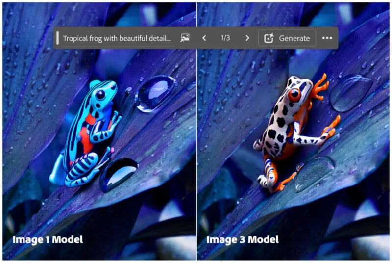 A split image shows two colorful frog models on leaves with water droplets. The left frog is blue with black stripes and red markings. The right frog is white with black spots and orange legs. Both images have a tropical ambiance.