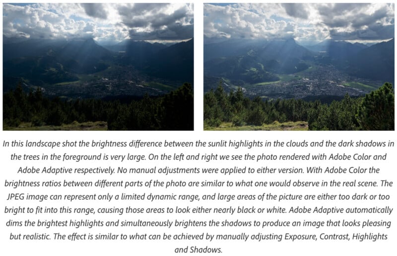 A cloudy sky with sunrays shines over a forested hillside overlooking a town in a valley. The image highlights the contrast between bright sunlit areas and darker shadows, demonstrating two different photo rendering effects.