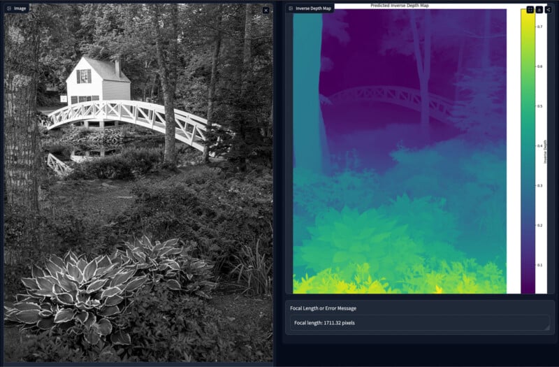 A split image showing a grayscale photo of a geometric footbridge over a garden with a small house in the background on the left, and a colorful depth map of the same scene on the right.