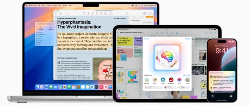 A laptop, tablet, and smartphone display related digital content, including a webpage on hyperphantasia, an illustration of a brain with colors, and various apps. The smartphone shows a notification.