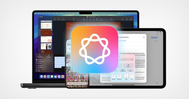 A laptop, tablet, and smartphone displaying various apps are arranged behind an overlapping colorful app icon with a circular design. The background is plain white.