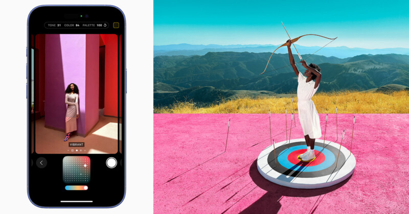 A phone screen shows a photo editing app with a woman in a colorful hallway. Beside it, a woman in white stands on a colorful target in a vibrant, open landscape, aiming a bow upward against a backdrop of mountains and a bright blue sky.