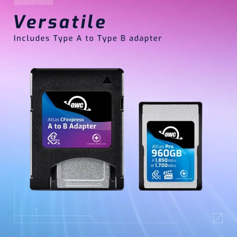 An advertisement displays an OWC Atlas CFexpress A to B Adapter and an Atlas Pro 960GB memory card. The background is a gradient from purple to blue with text about versatility and transfer speeds.