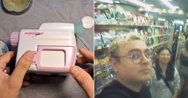 On the left, a person operates a pink label maker on a table. On the right, two people pose for a selfie in a store aisle filled with various products.