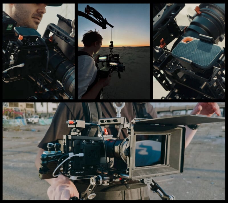 Collage of a film crew using professional camera equipment. Includes close-up shots of the camera rig, operators holding the camera, and a sunset scene in the background.